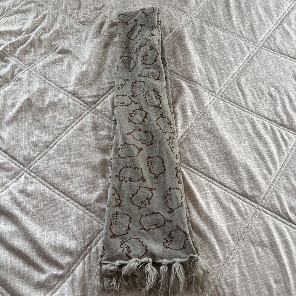 Pusheen Cat Knit Winter Scarf Taupe Brown All-Over Print Fringe Ends Official